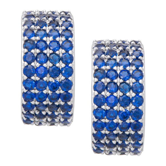 MACY'S Silver-Plated Half Hoop Earrings Inlaid w/ Dark Blue Simulated Gemstone